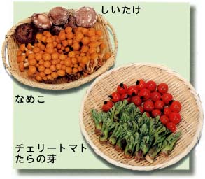 「しいたけ、なめこ、チェリートマト、たらの芽」の写真