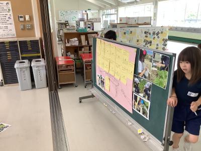 発表資料を掲示する児童